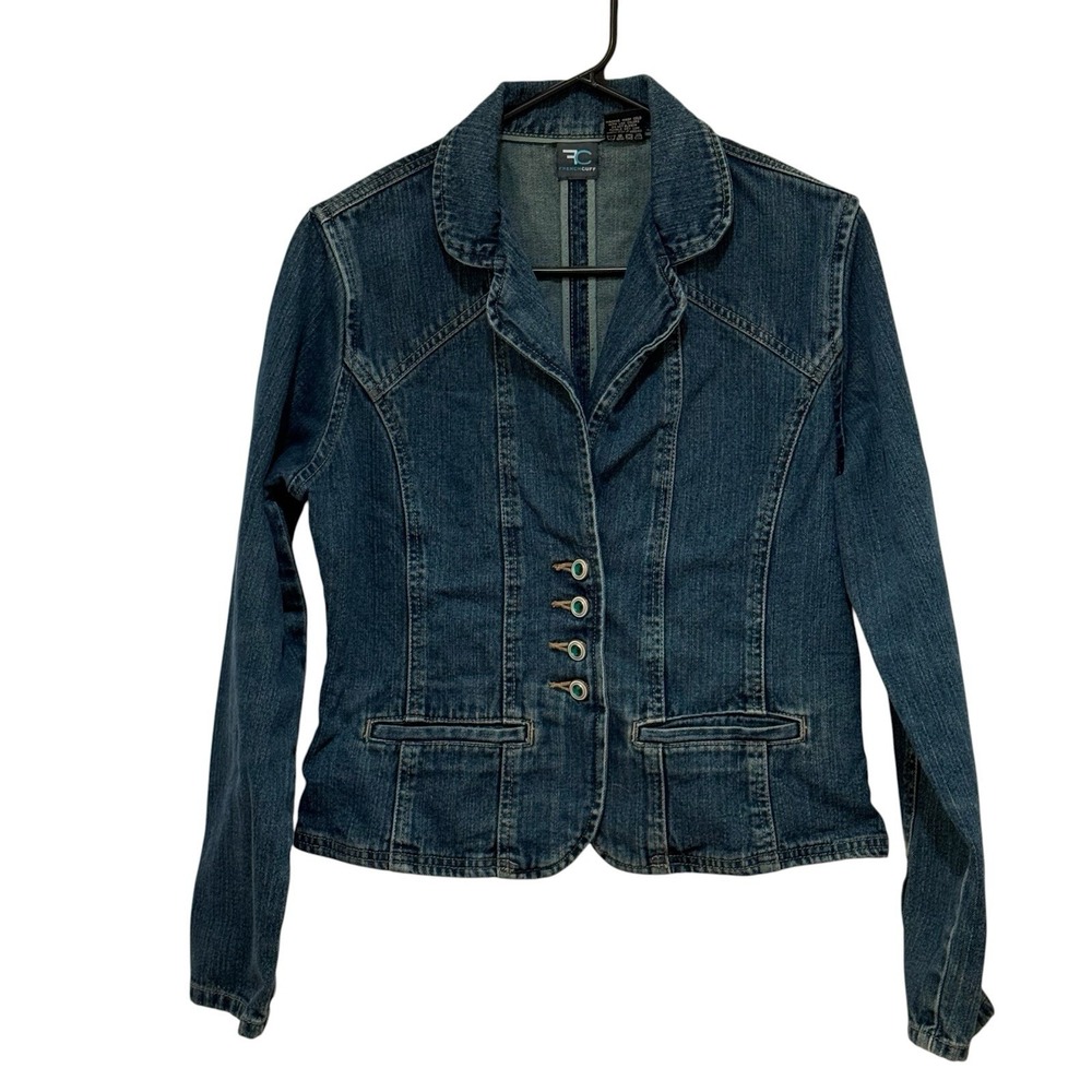 Vintage Y2K Blazer Cut Denim Jacket L Faux Emerald Buttons Retro Indie Sleaze